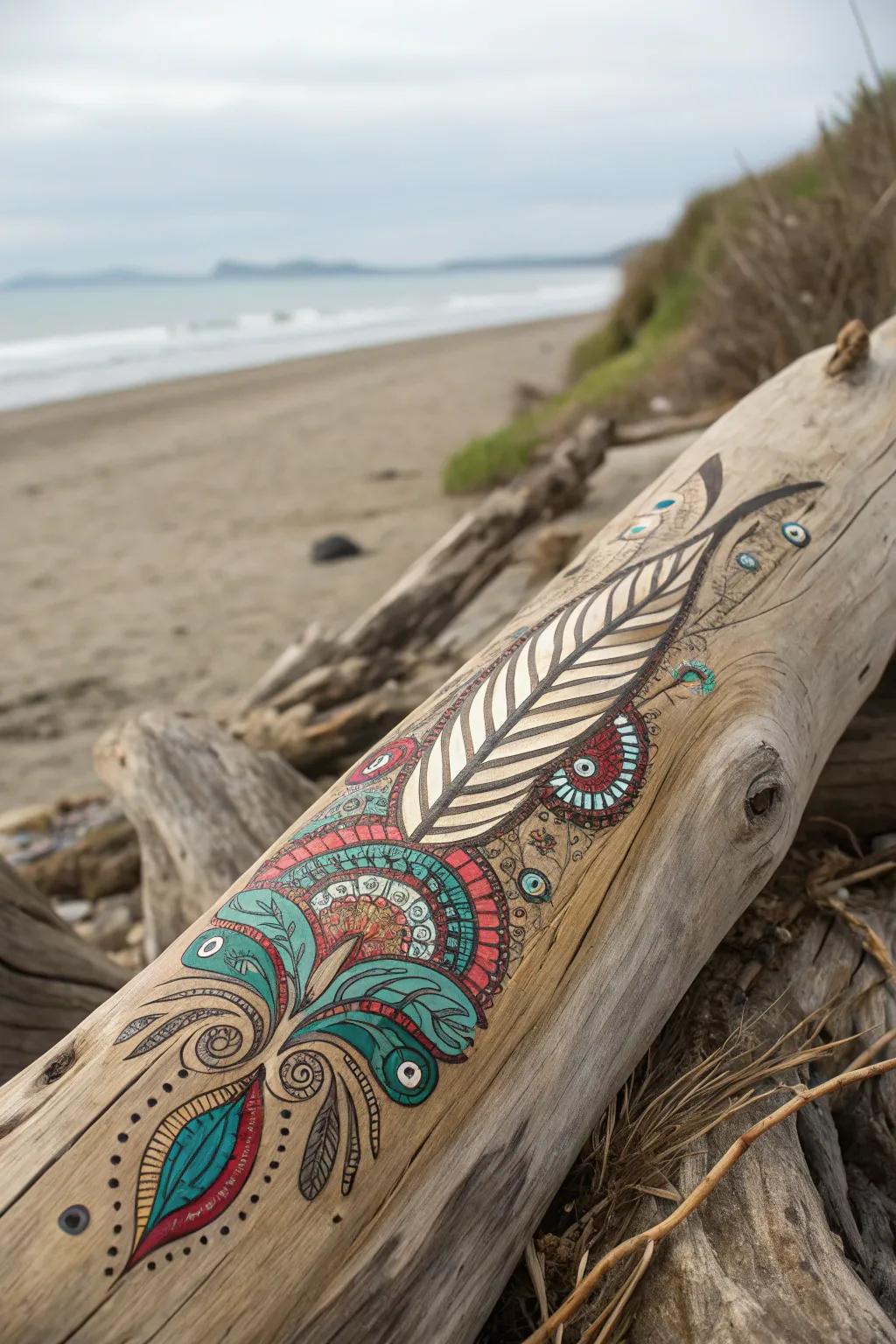 A boho painting combining the organic beauty of driftwood with artistic designs.