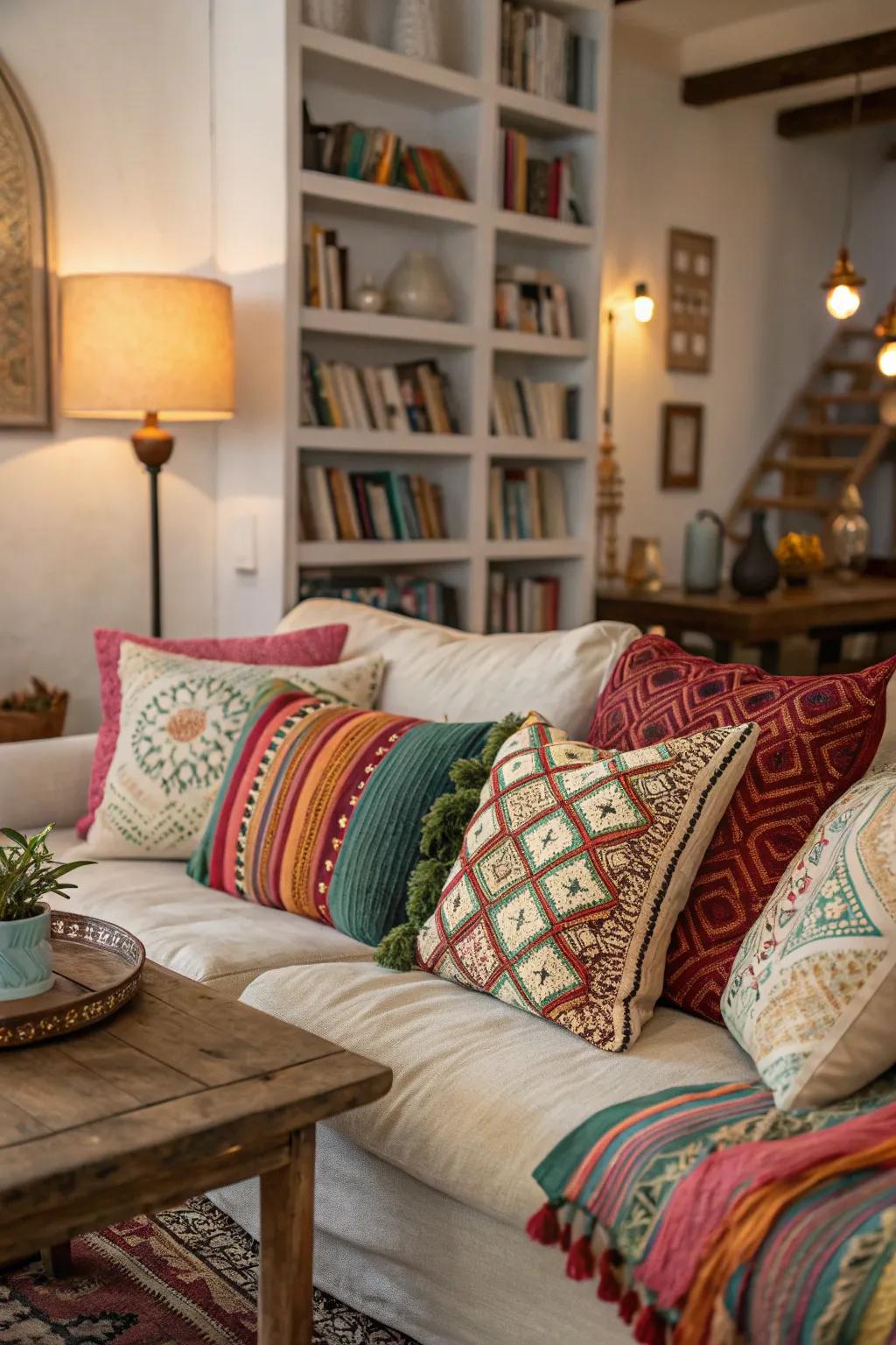 Plush pillows add color and comfort to a bohemian space.