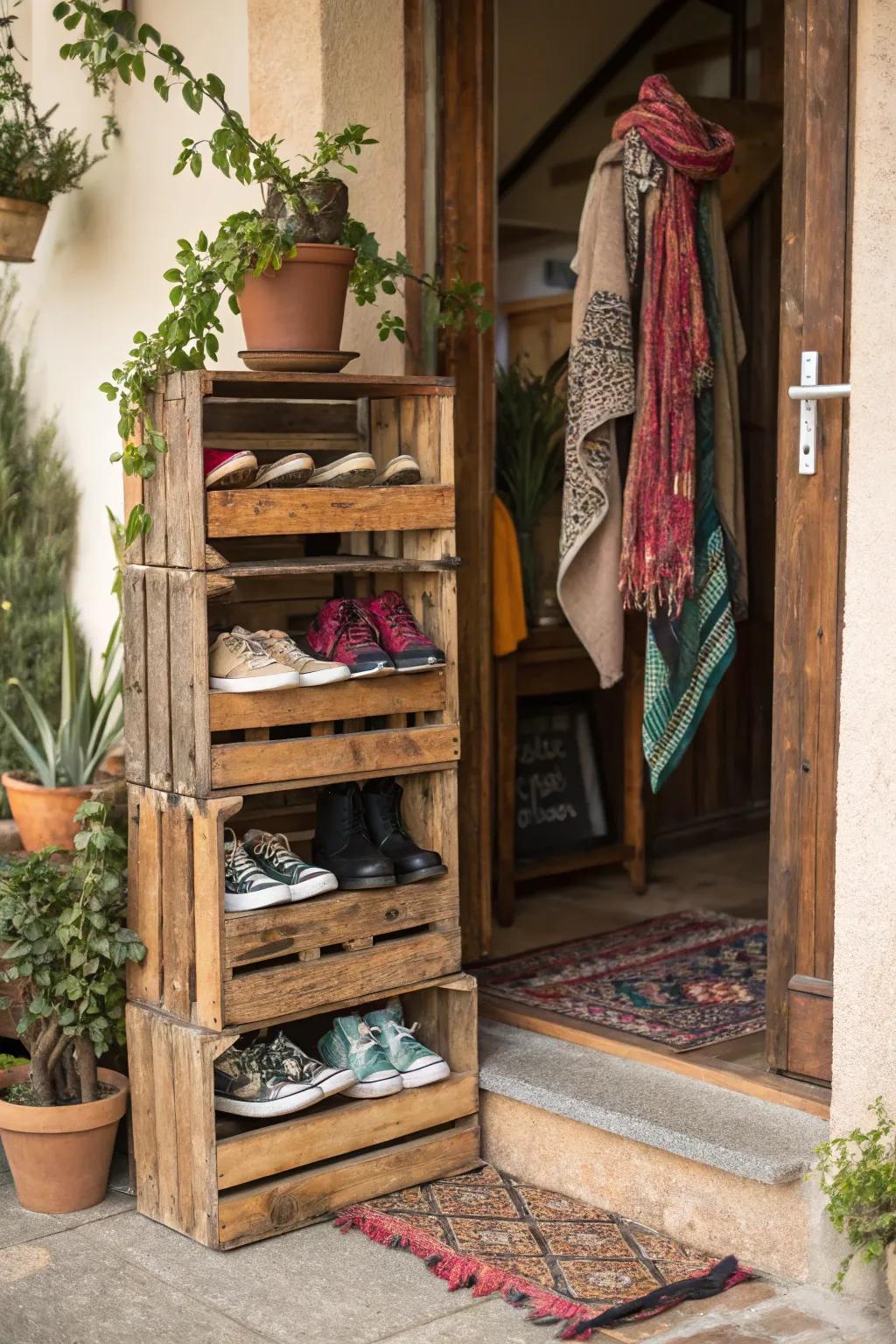 Timber crates add country charm and practical storage.