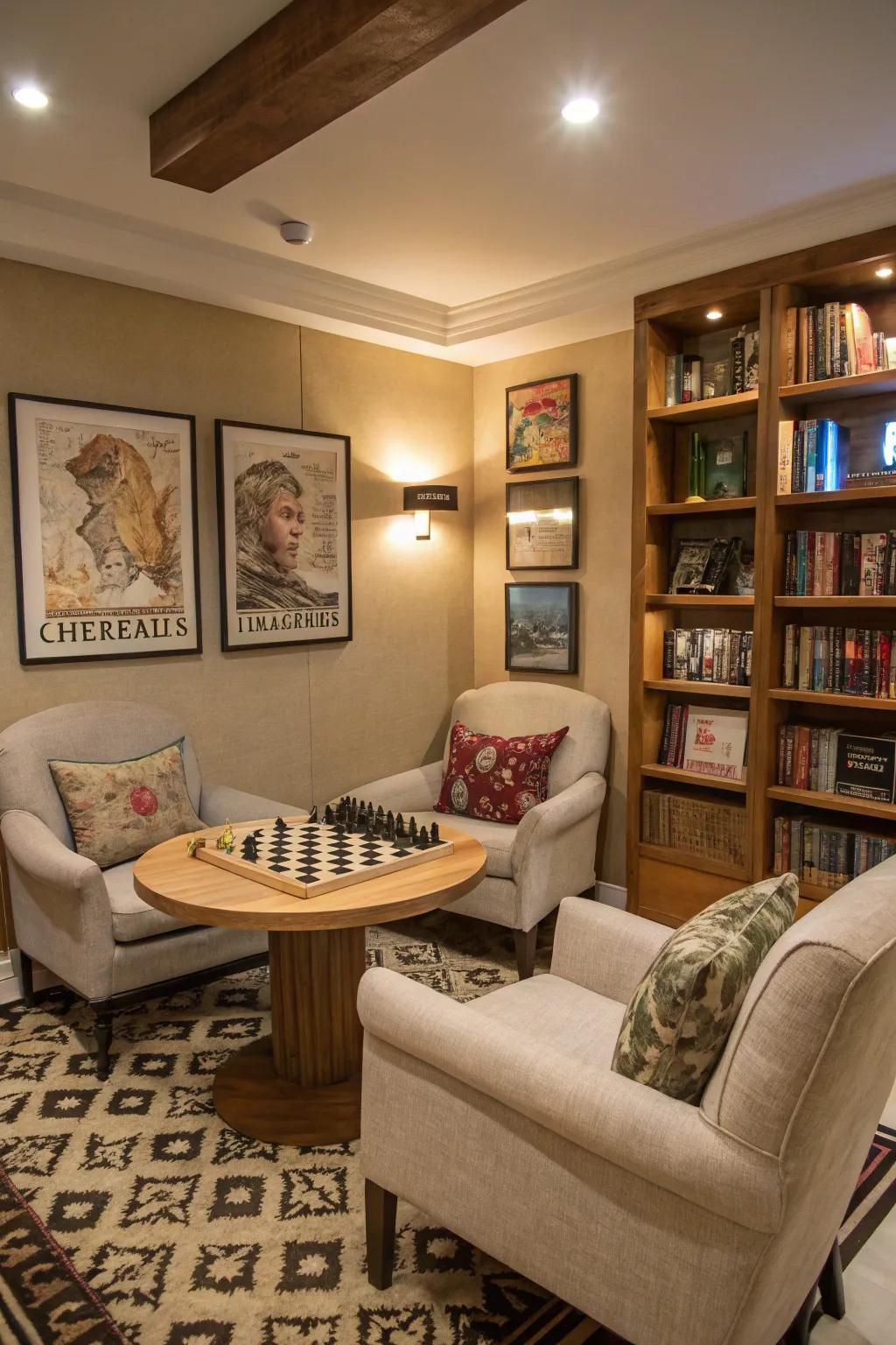 A board game spot provides a quiet location for strategic play.