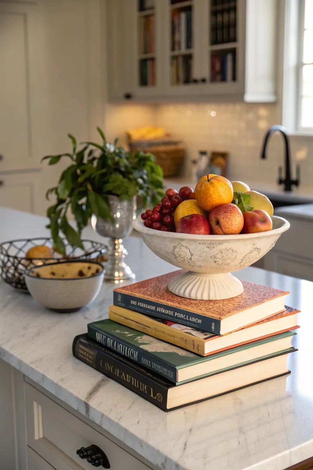 Books and fruit create a garden-fresh and inviting centerpiece.