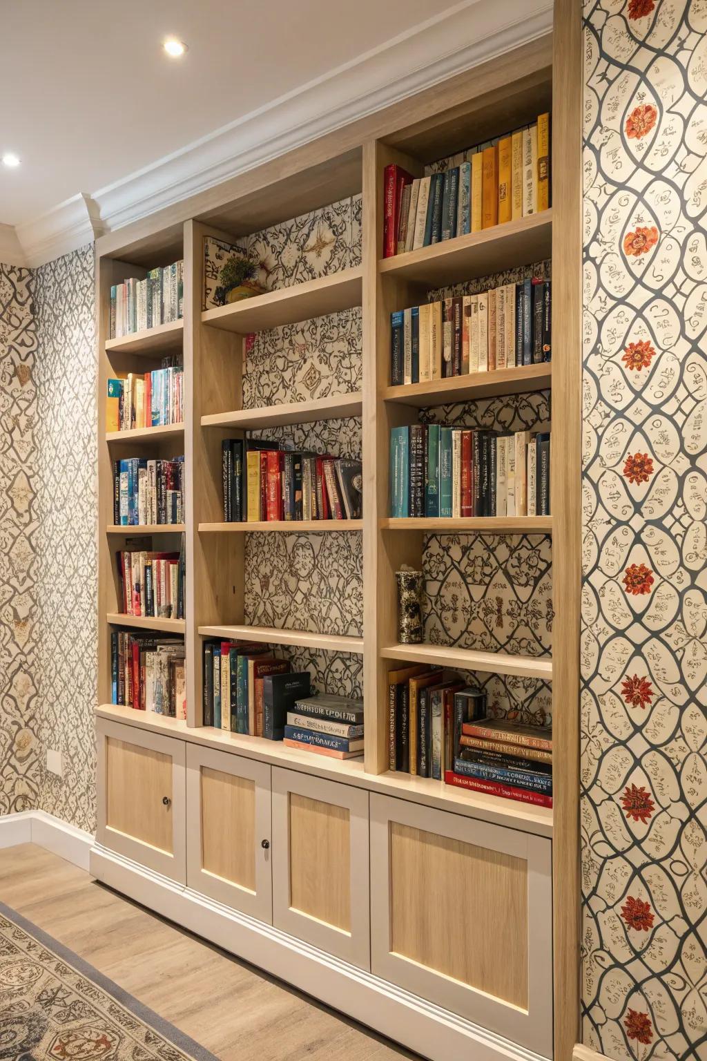 Patterned wall accents enhance bookshelves.