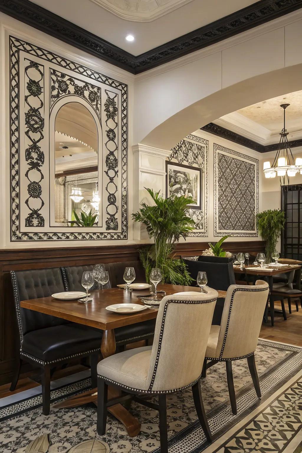 Timeless high-contrast borders evoke chic elegance.