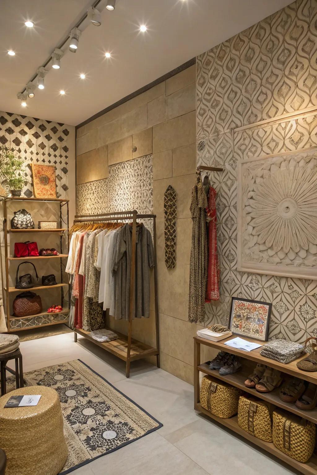 A boutique interior featuring textured walls, introducing dimension and visual appeal to the space.