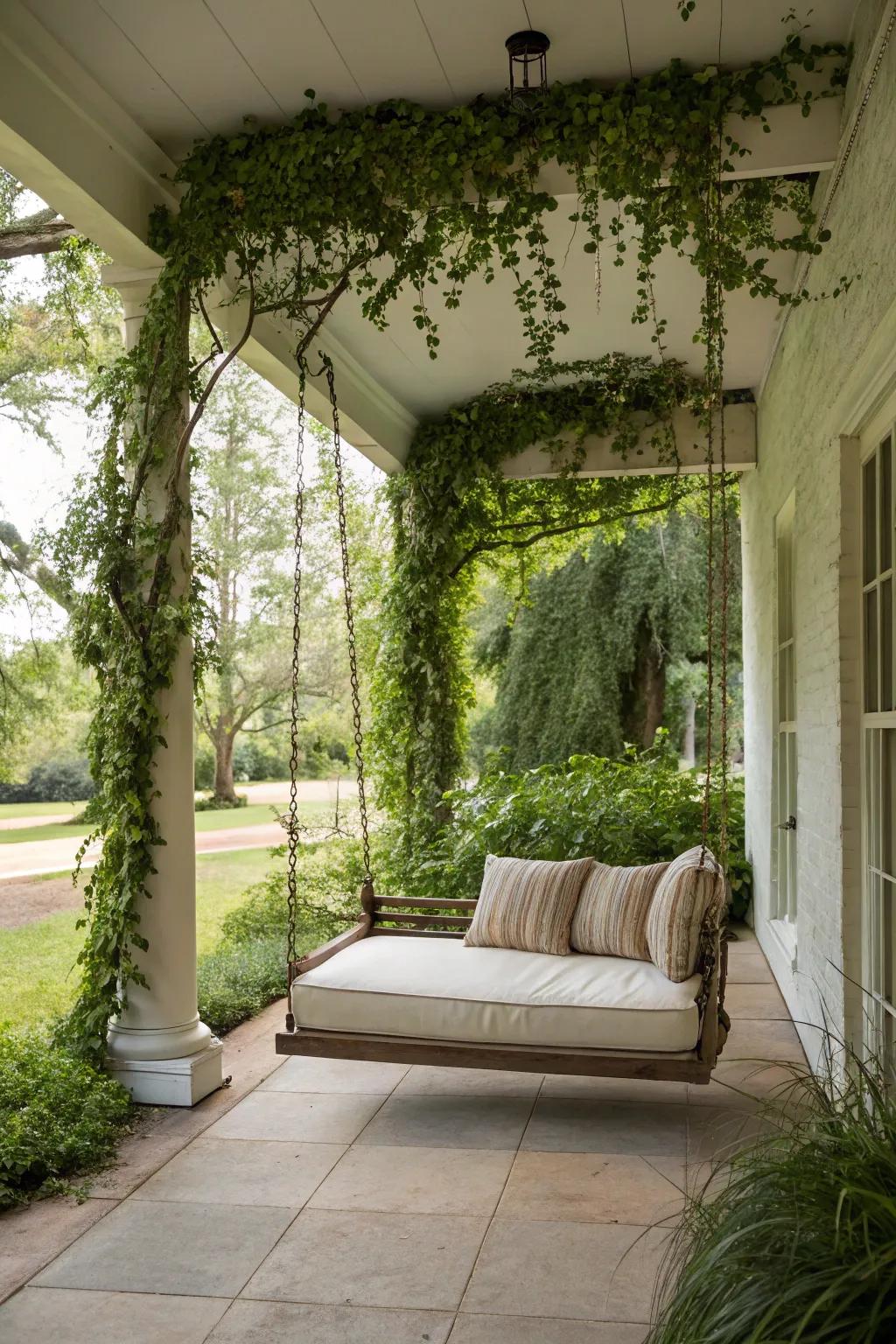A cozy swinging daybed, ideal for relaxing in the breezeway.