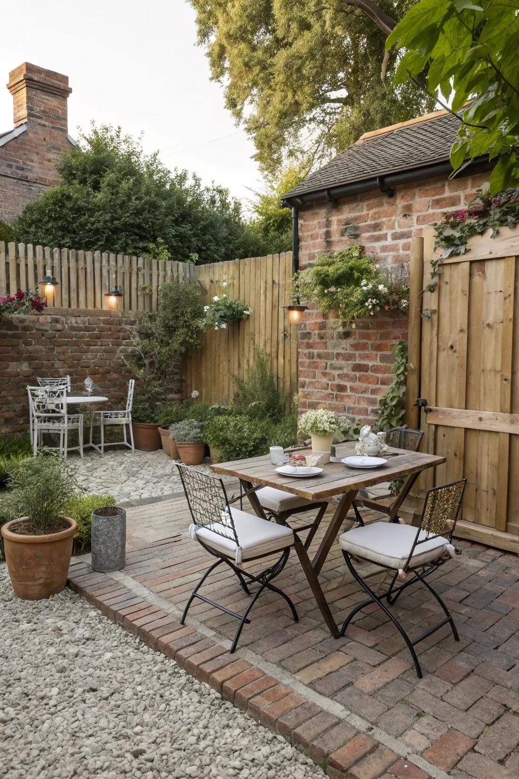 Brick and gravel combinations create natural and enchanting outdoor spaces.