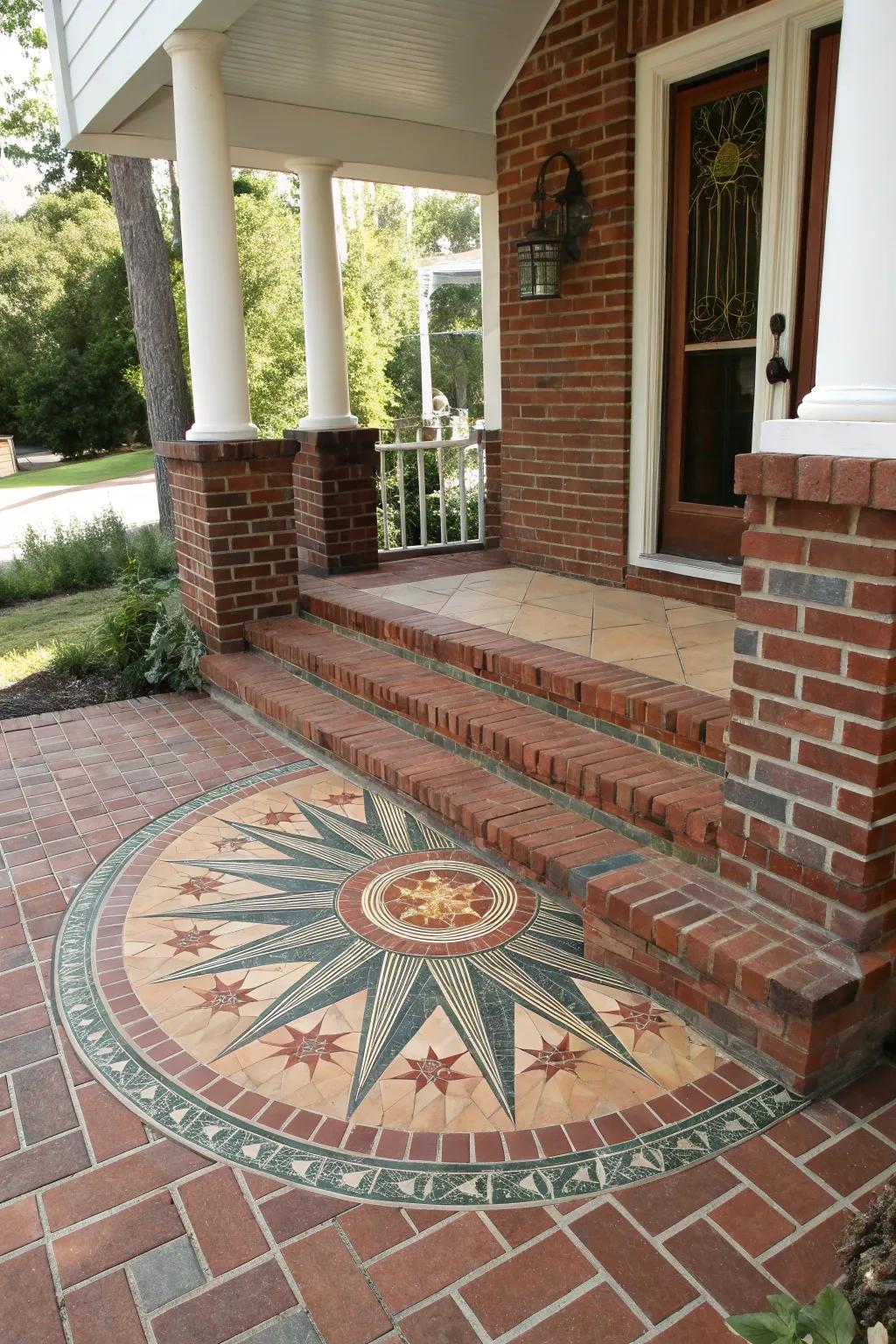 A sunburst mosaic contributes artistic flair to this captivating brick porch.