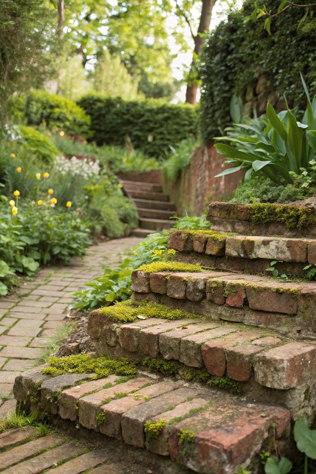 Eco-conscious brick steps fashioned from recycled materials.