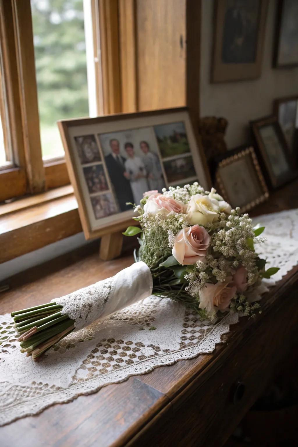 A cloth wrap contributes an individual, emotional touch to wedding bouquets.
