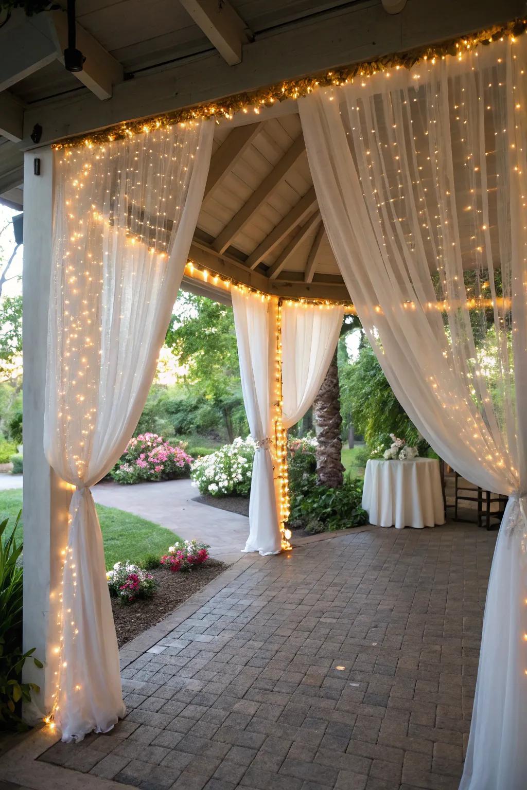 An exterior shelter embellished with fabric and illumination welcomes visitors to a cultivated-themed bridal shower.