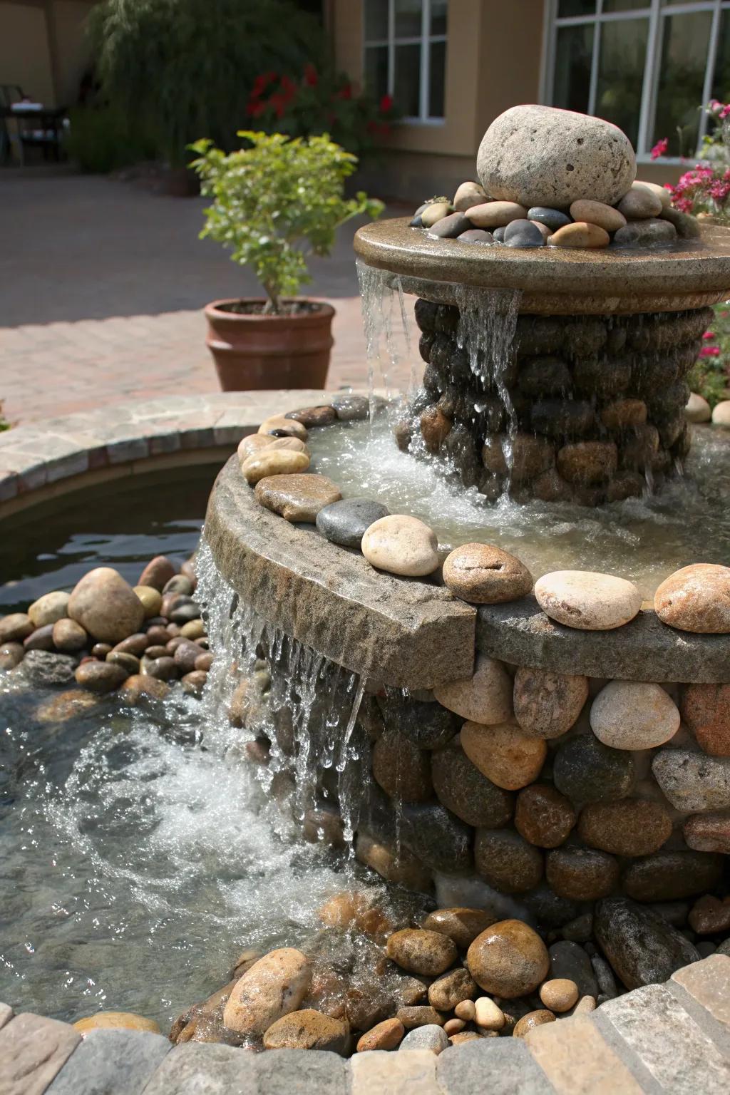 Diverse stones create a visually captivating and unique fountain.