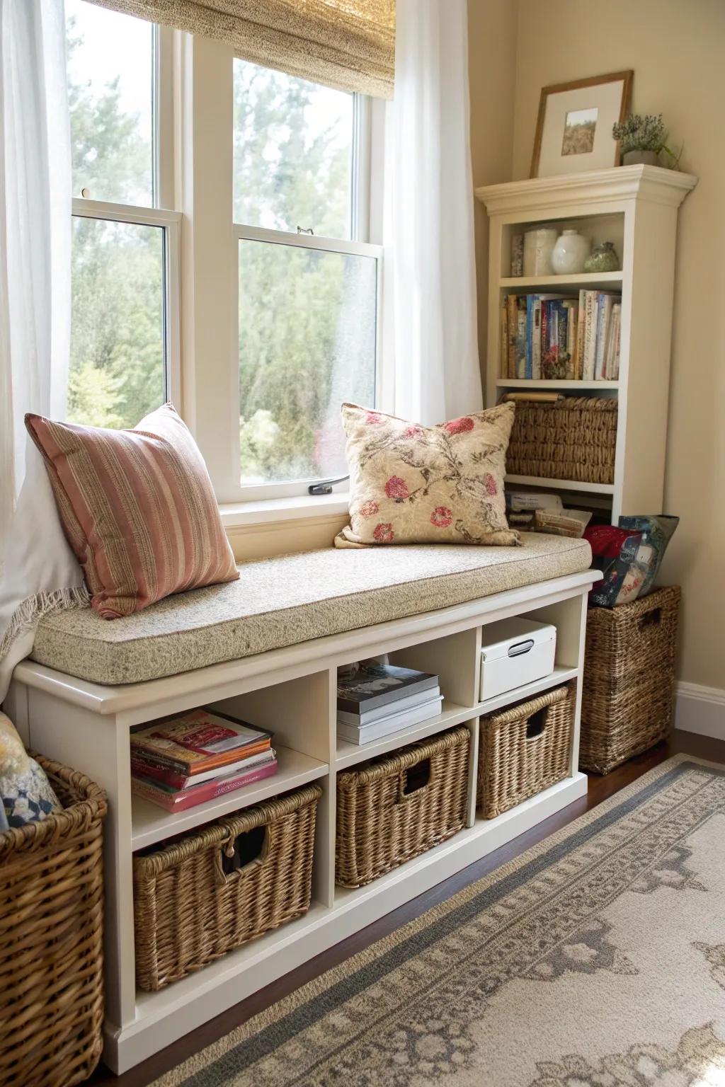 Storage beneath seating is a smart method to keep your living room tidy.