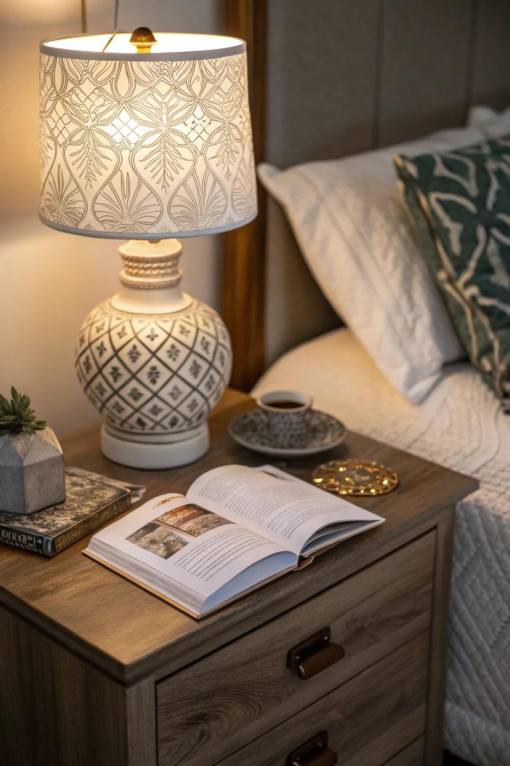An styled nightstand introduces elegance and simplicity to the space.