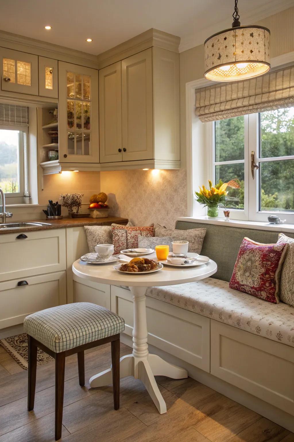 A breakfast nook offers a cozy space for meals.