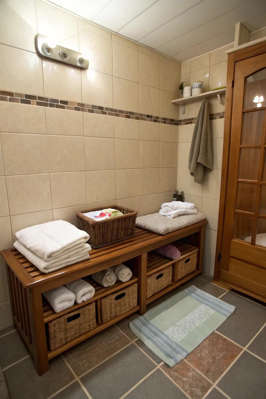 This small bathroom utilizes multi-purpose furniture to optimize available space.