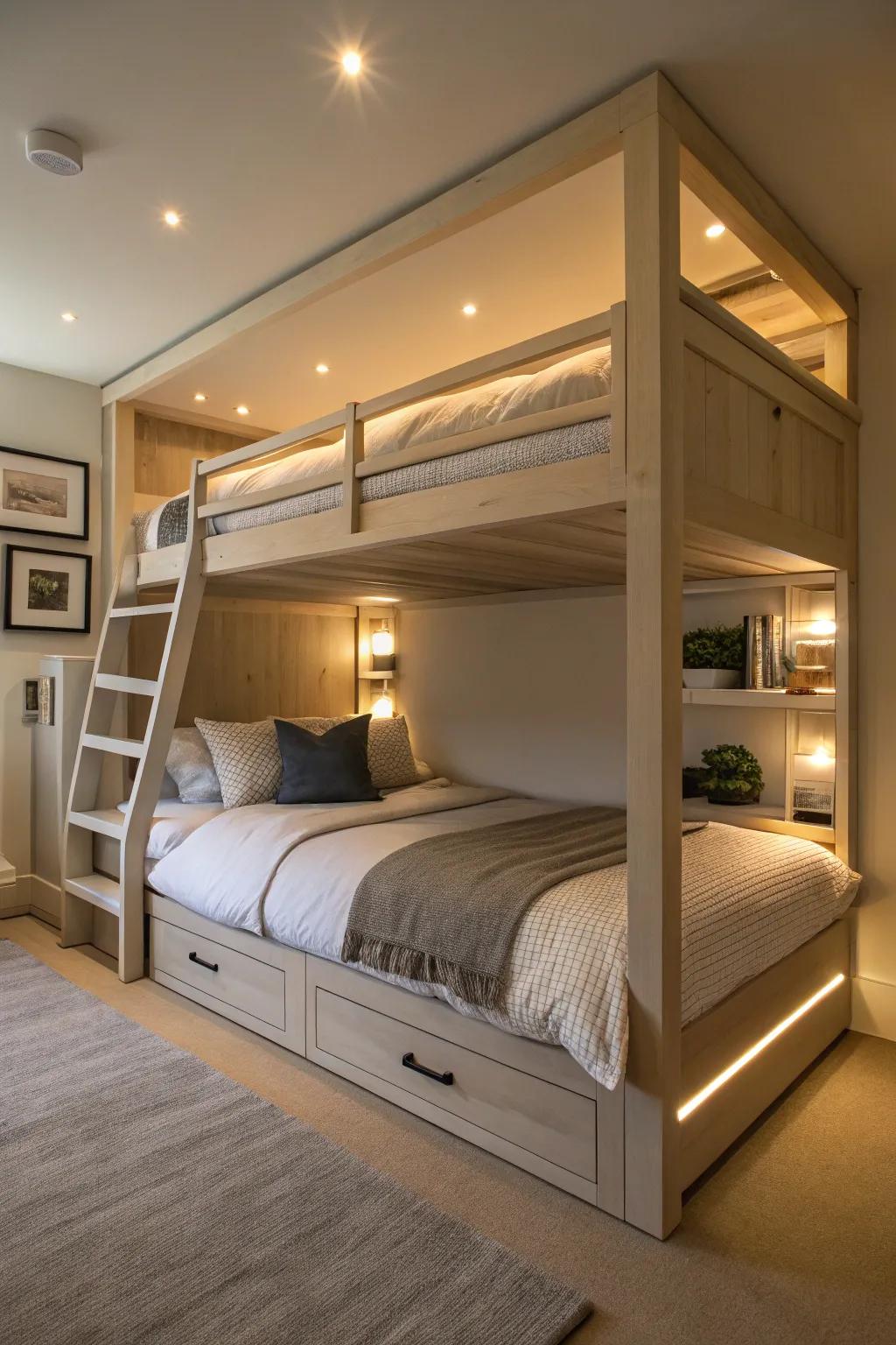 Beneath arrangement illumination establishes a warm, ambient glow within a bedroom.