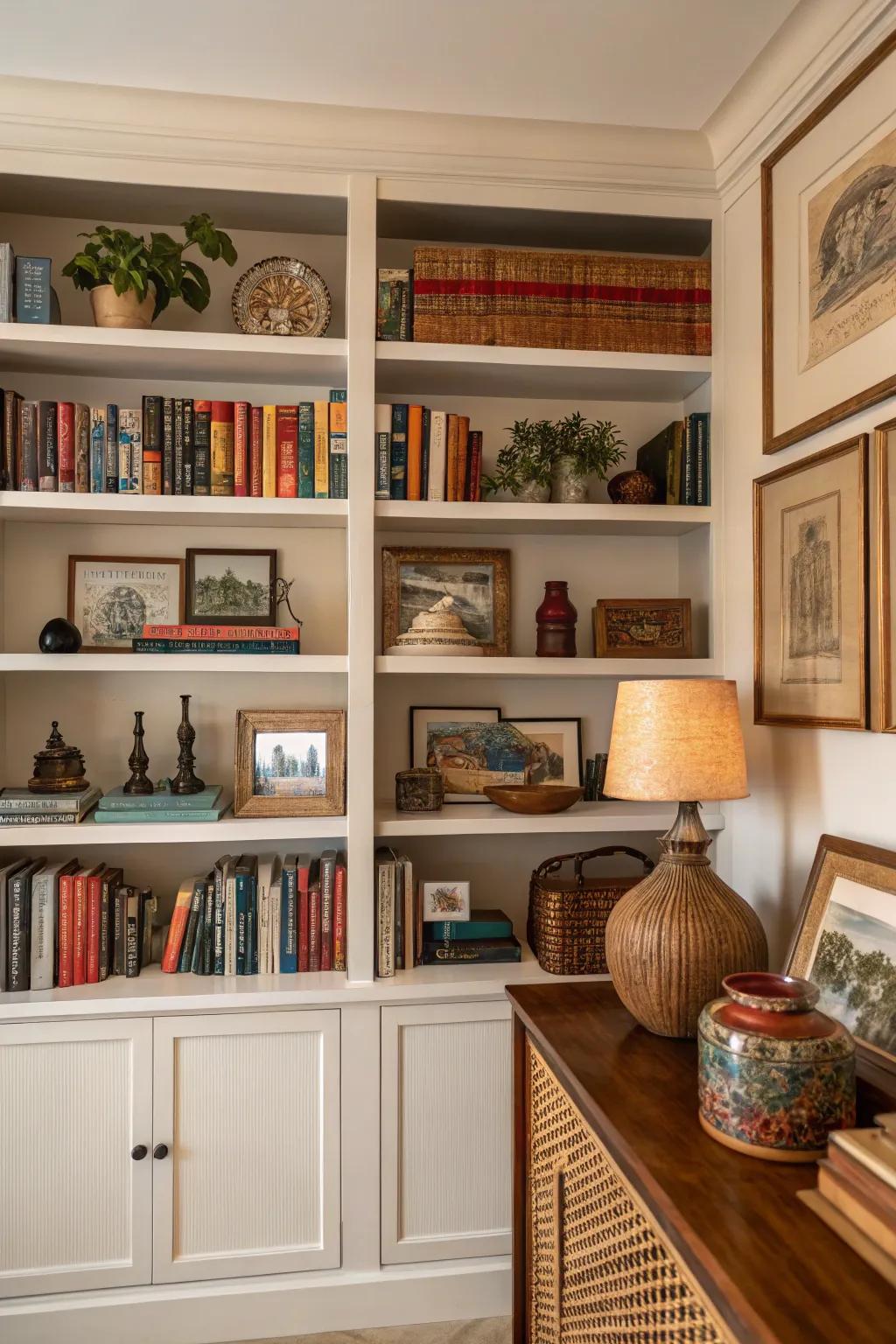 An eclectic amalgamation of items renders built-in shelving a dynamic impression.