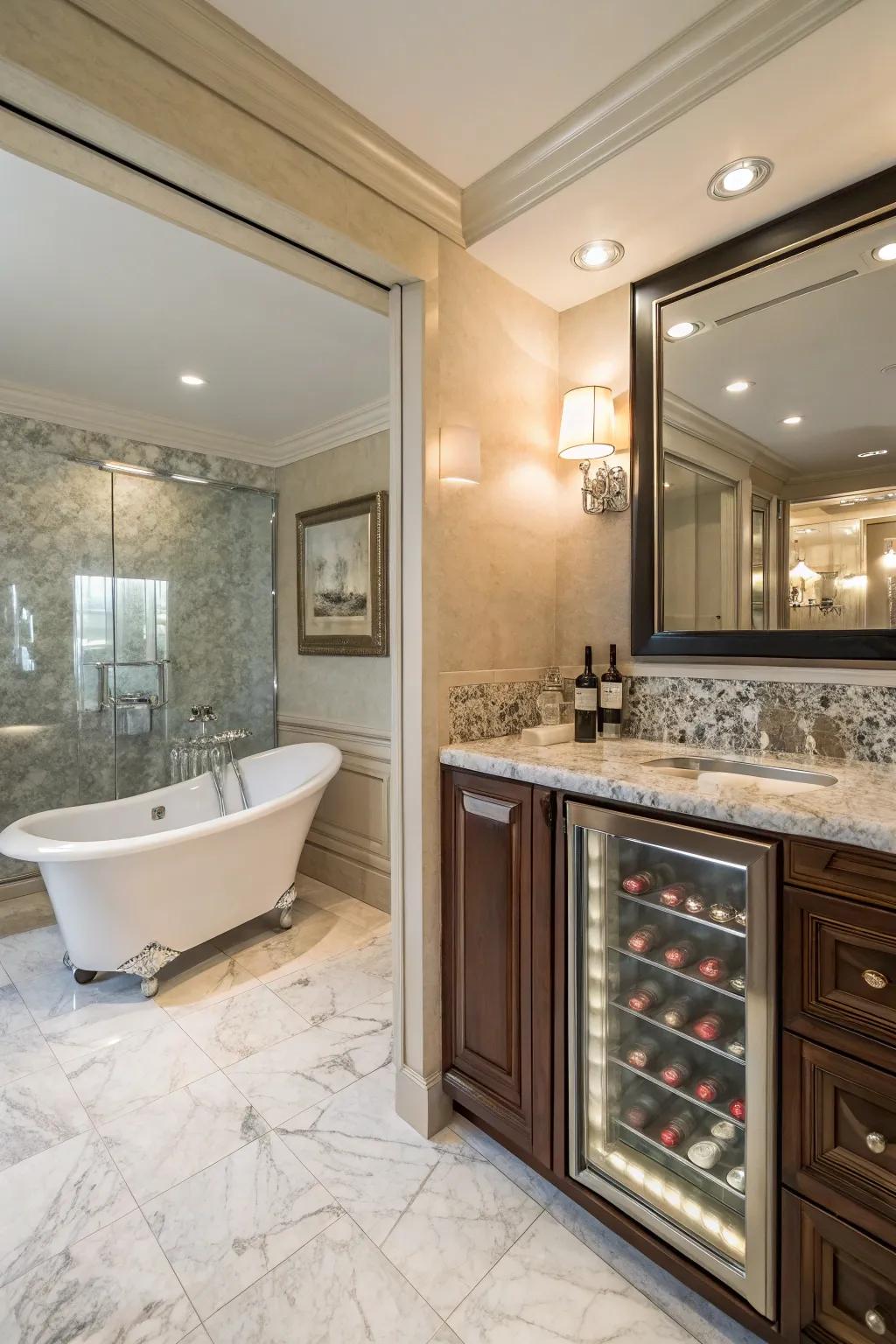 Add a hint of opulence to your bathing chamber with a wine storage unit for ultimate leisure.