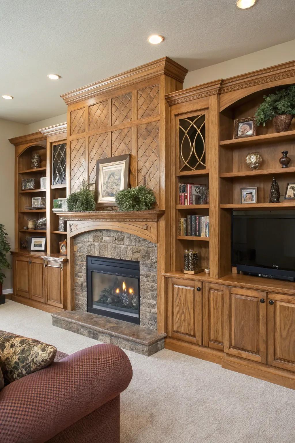 Creative woodwork brings distinctive character to the fireplace's built-in features.