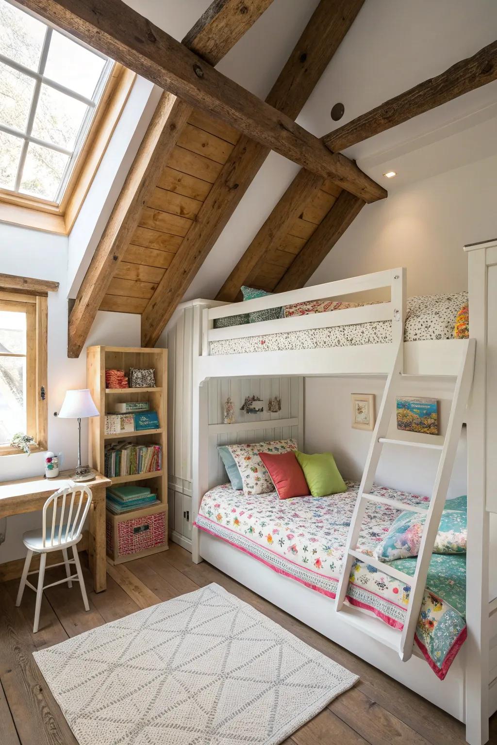 A charming bunk room made in a converted attic area.