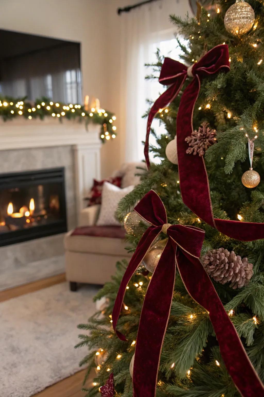 Velvet fabric strips contribute plush elegance to the tree.