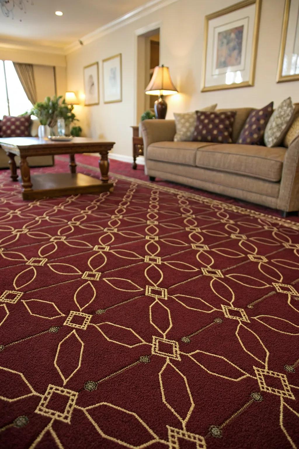 Geometric designs on a deep red floor covering offer a contemporary edge.
