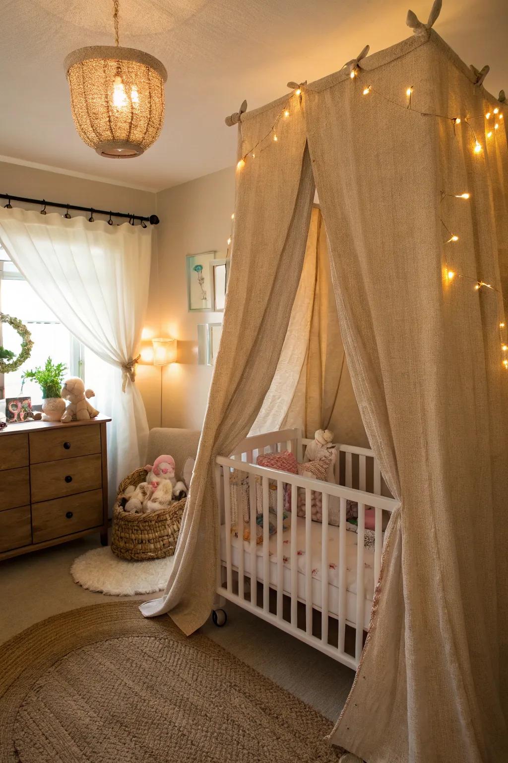 Serene nursery through delicate material window coverings.
