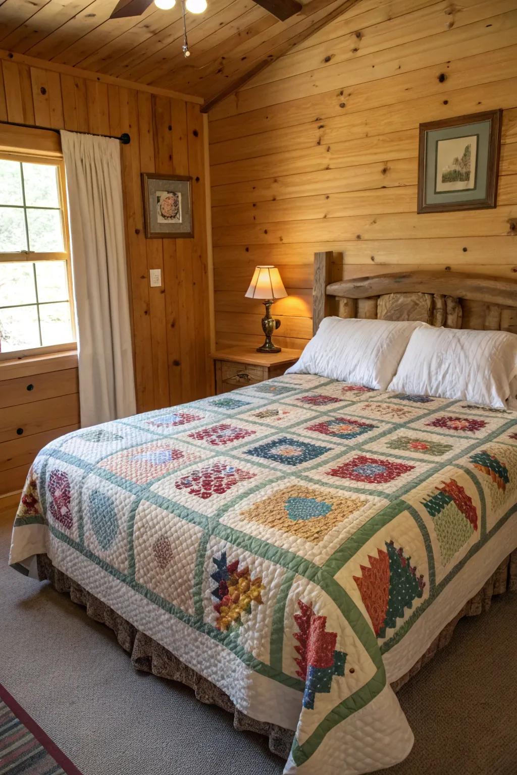 A cabin bedroom highlighted by a handmade quilt on the bed.