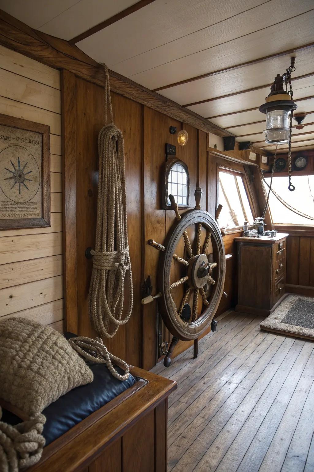Maritime elements enlivening cabin decor with a seaside theme.