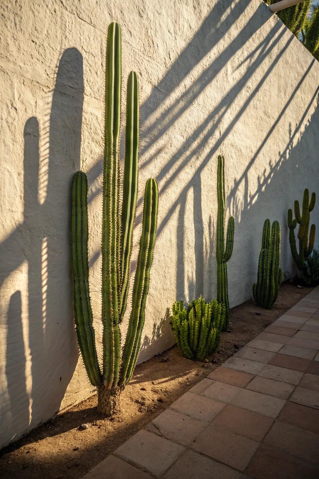 Tall cacti creating a striking contrast against a light wall.