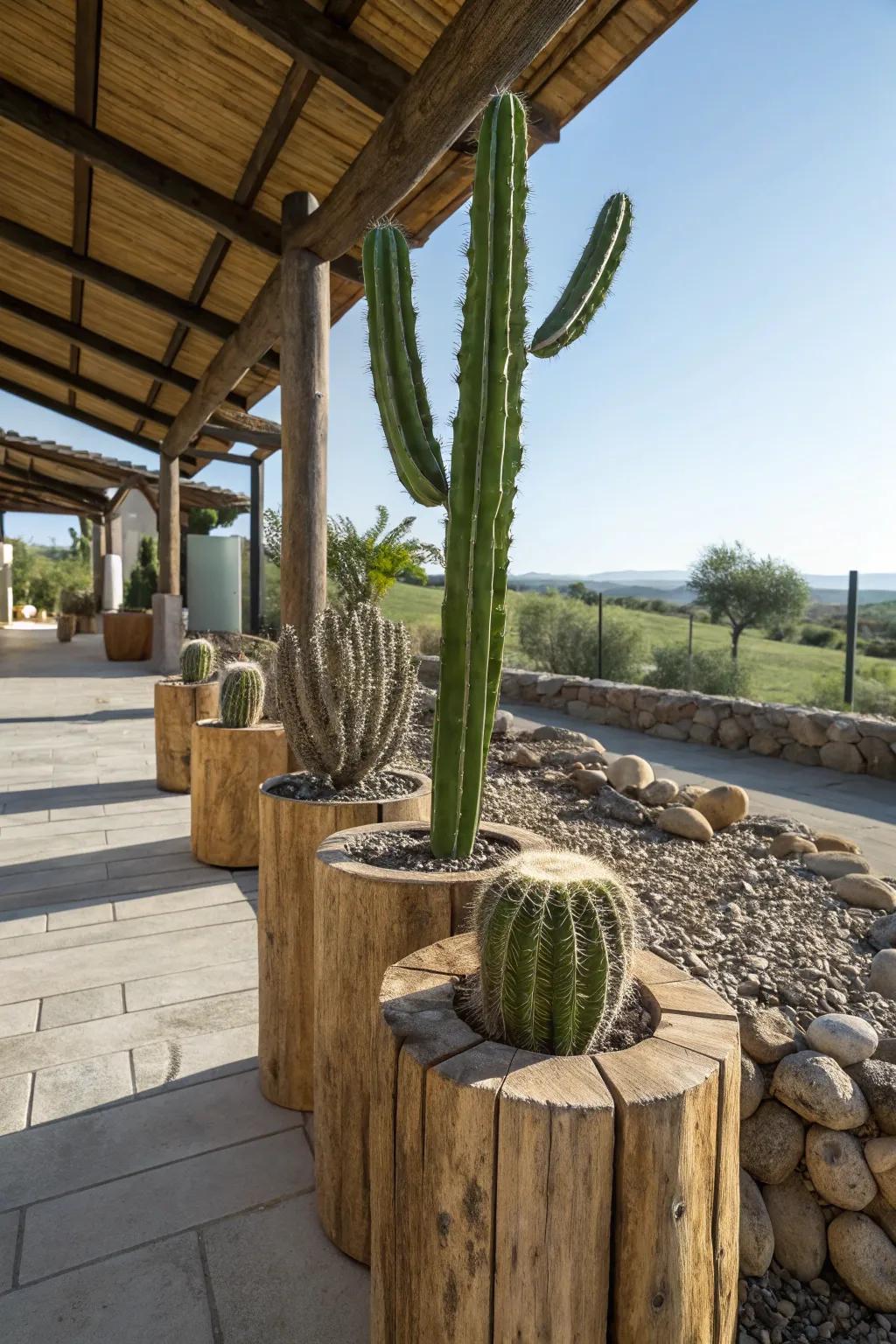Countryside timber segments fashion an earthy, natural setting for your cacti.