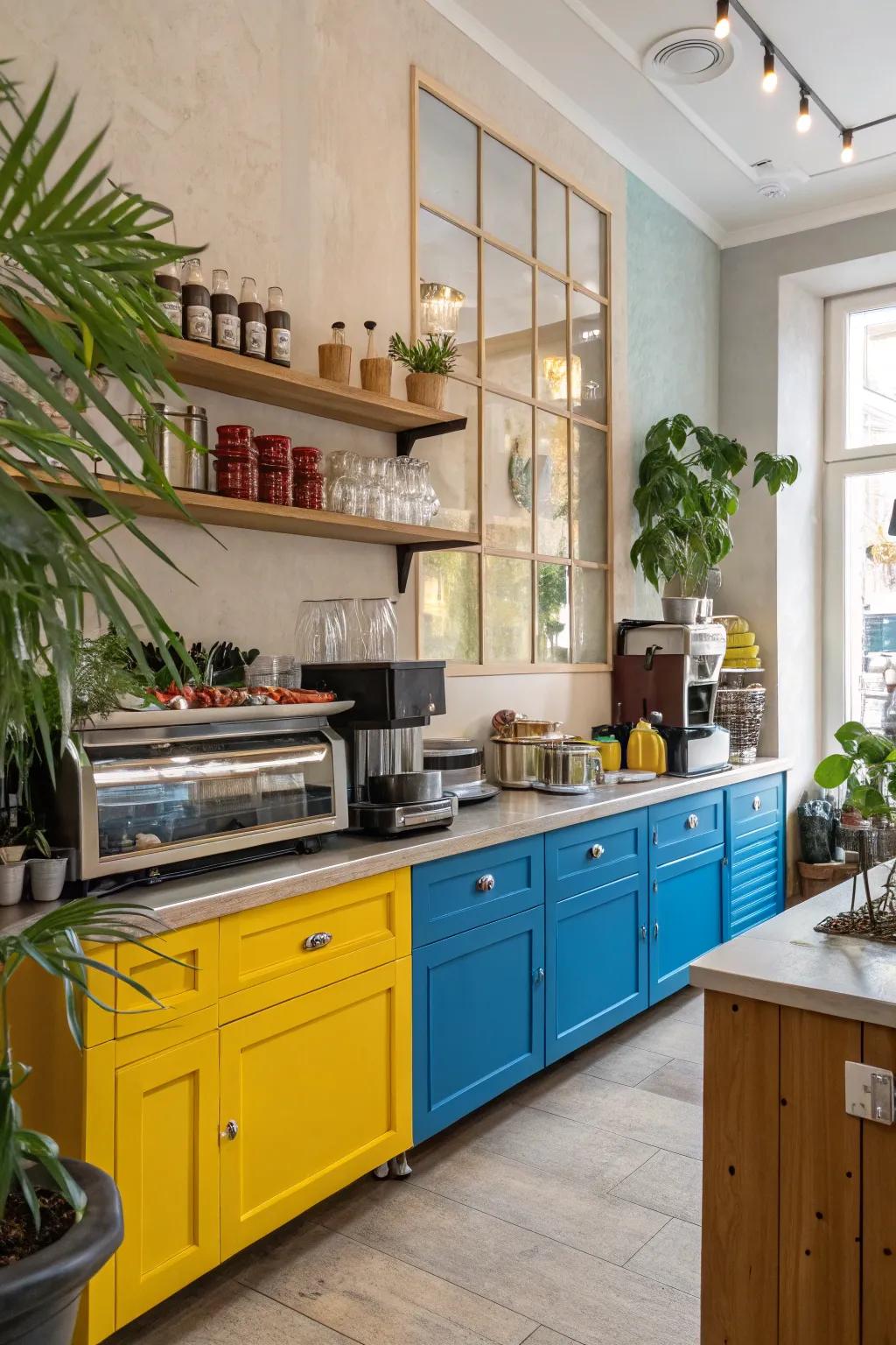 A splash of shade inside a cafe cooking area constructing a lively ambiance.