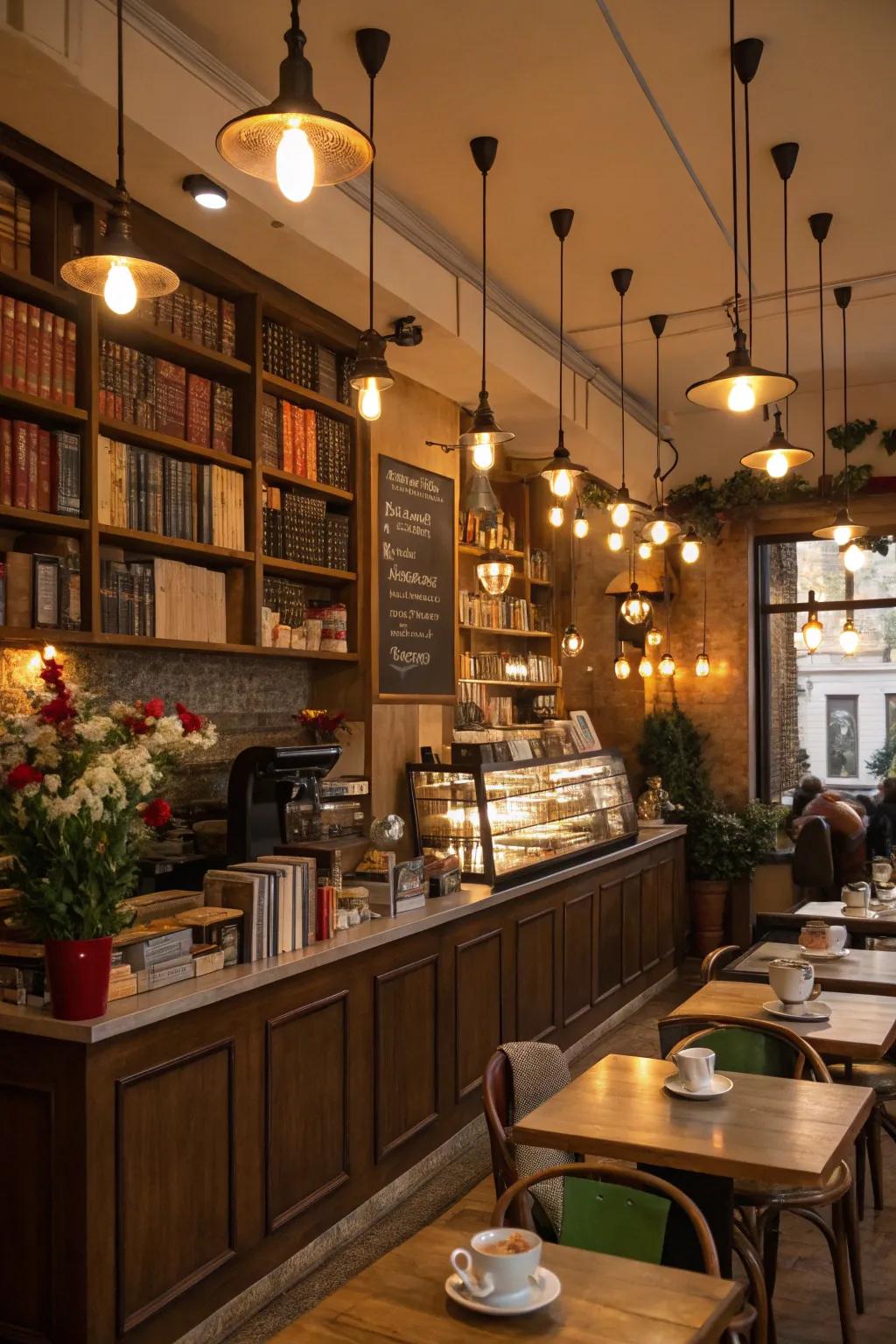 A cafe displaying adjustable lighting fixtures that facilitate a flexible atmosphere.