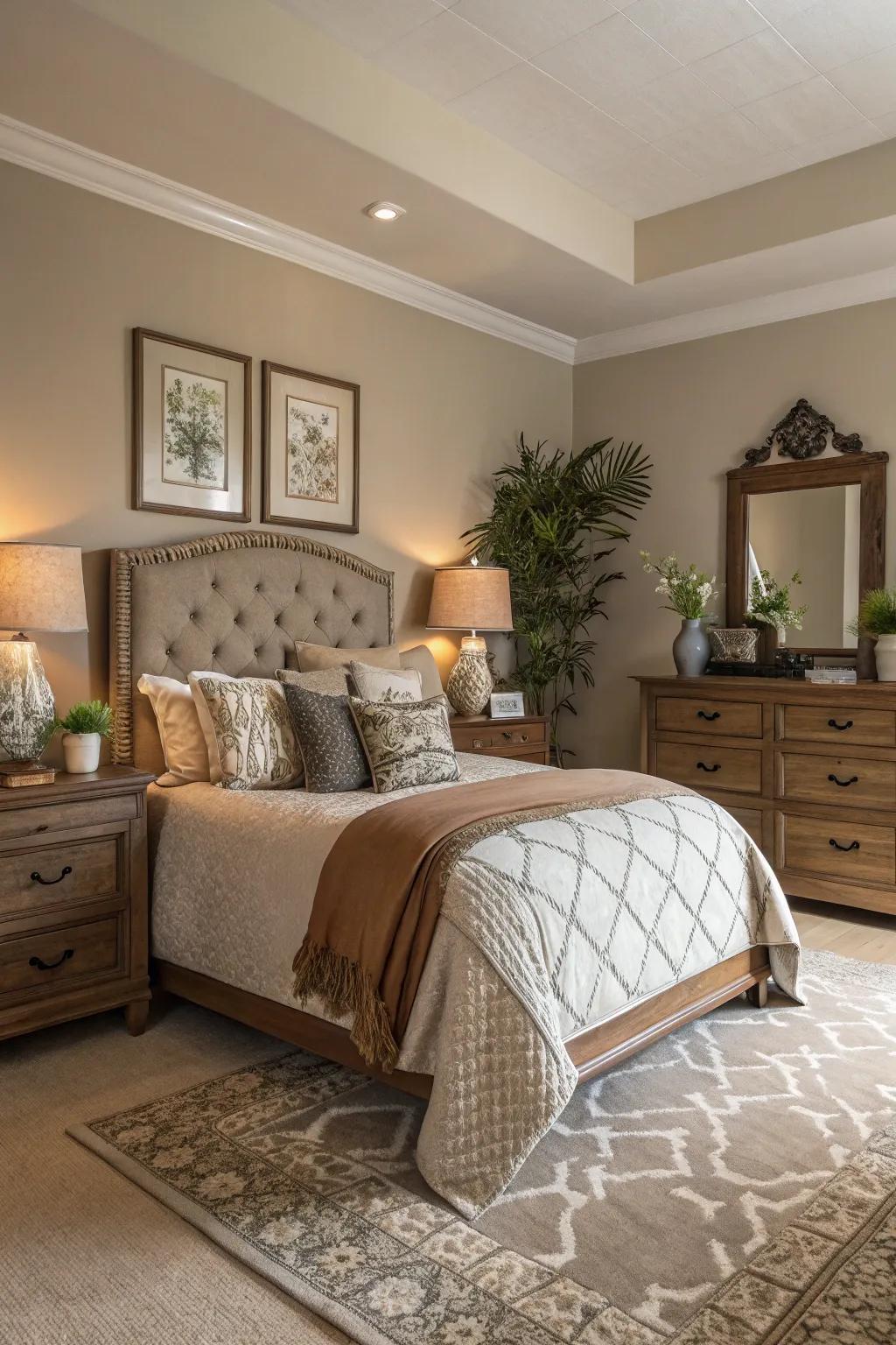 Taupe walls give a flexible and calming background.