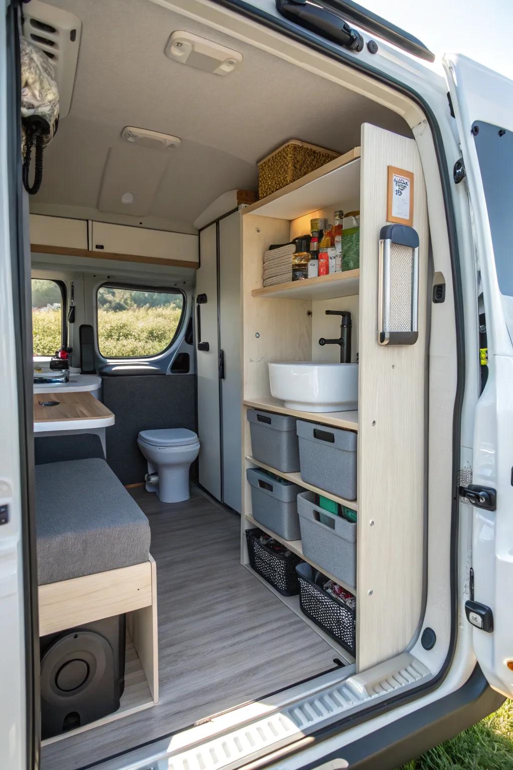 Modular storage devices in a mobile home washroom for ideal company.