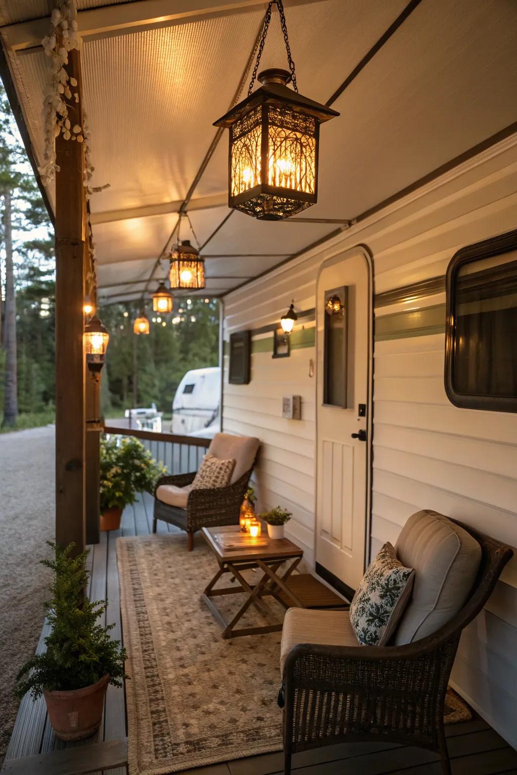Vintage lamps injecting a nostalgic radiance into the porch.