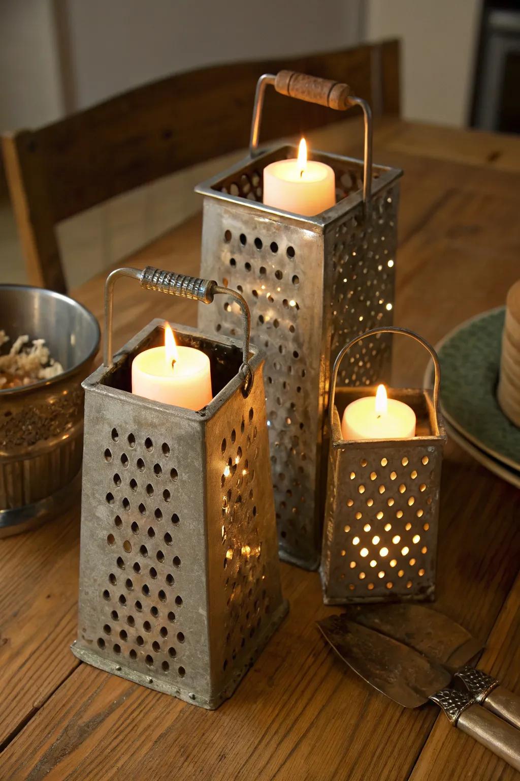 Classic graters add a quirky element to candle arrangements.