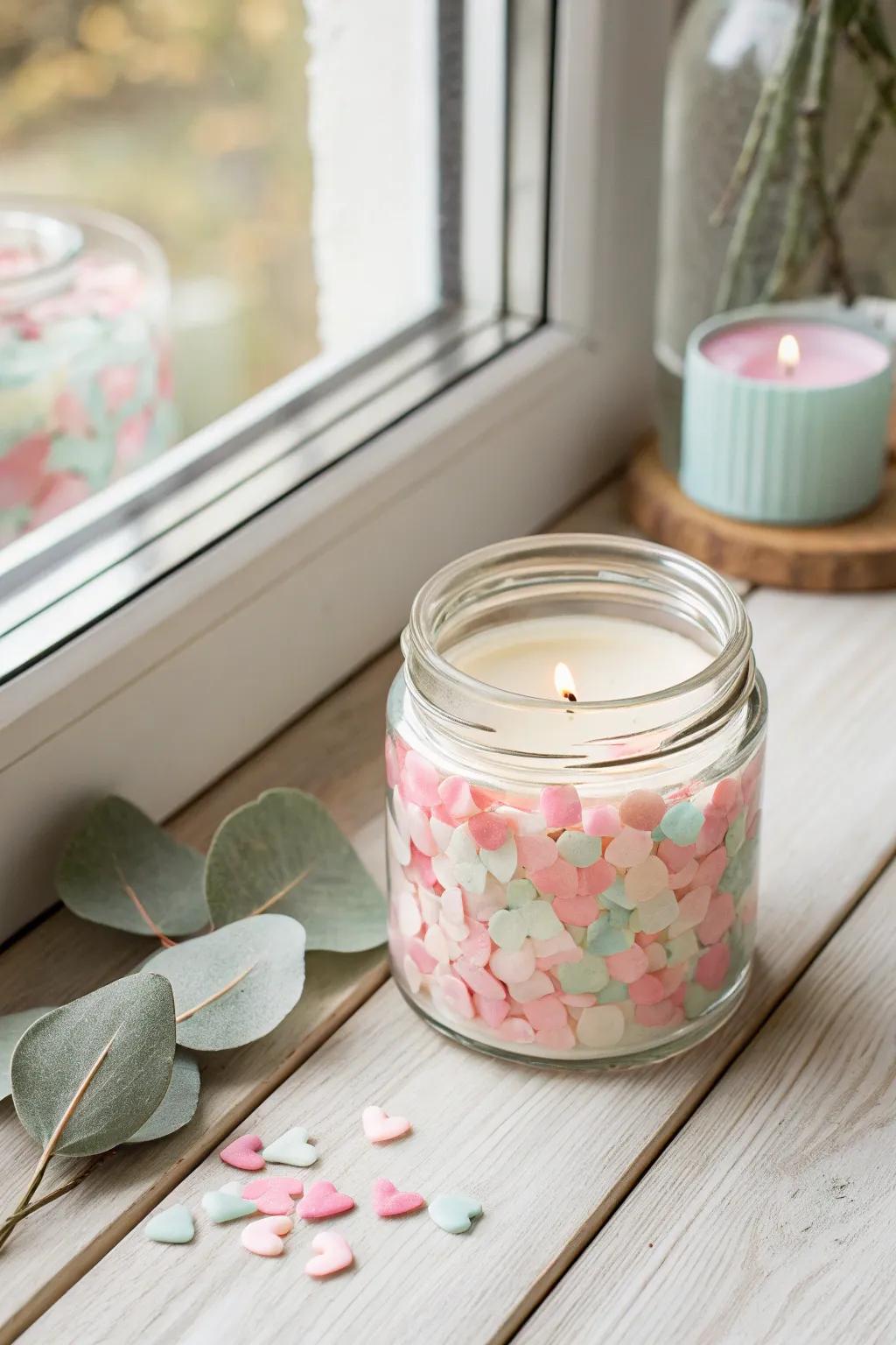 Celebrate stylishly with a confetti-adorned candle container, ideal for incorporating a hint of celebratory amusement to any minimalist setting.