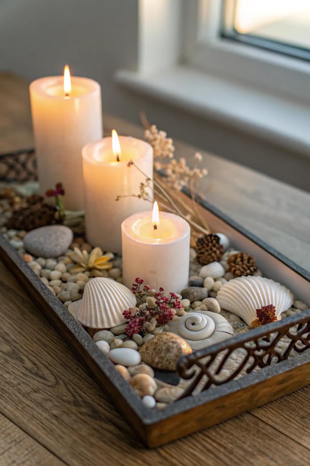 Lights set upon a decorative tray, further personalized with thoughtful touches.