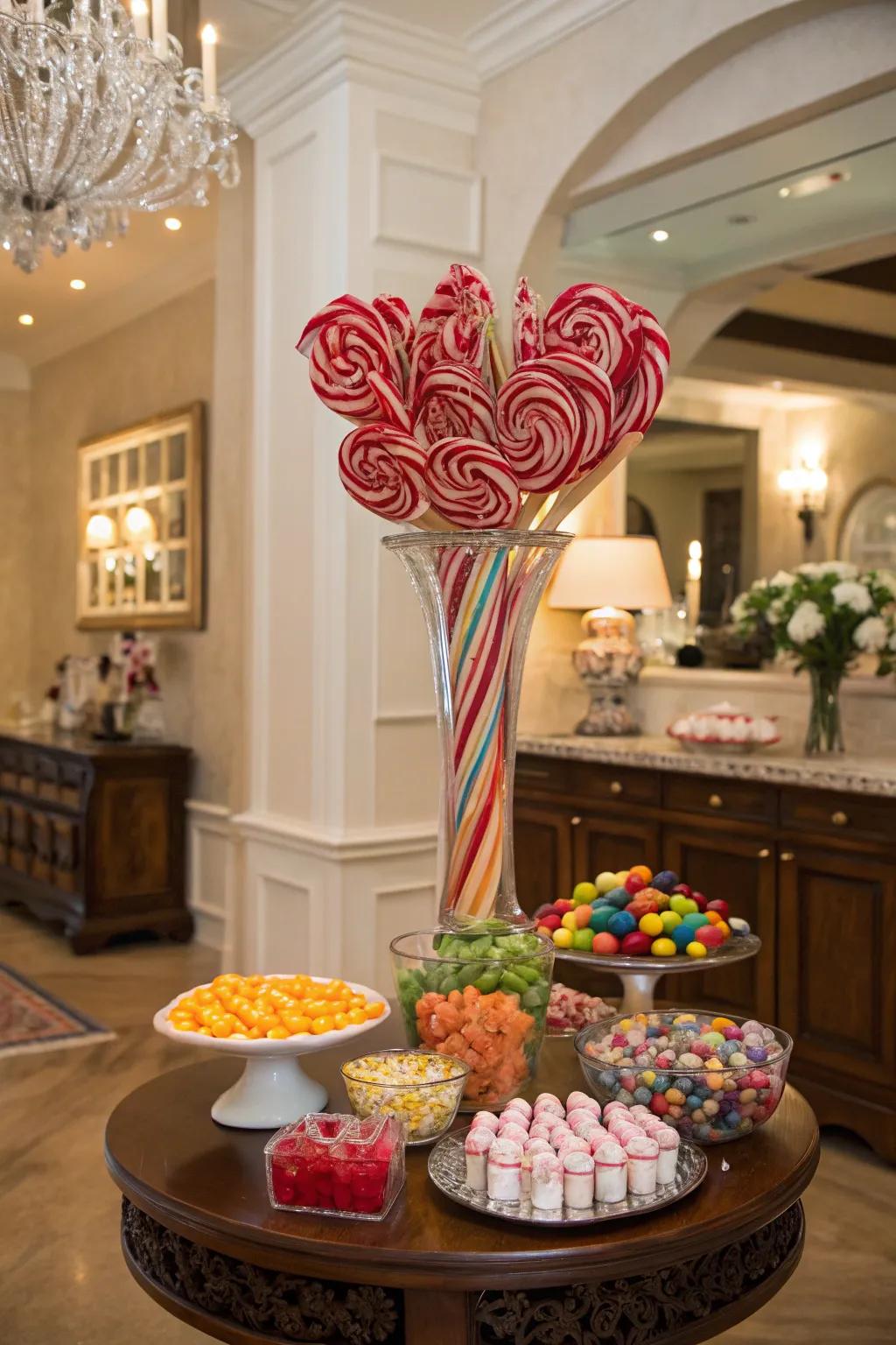 A candy arrangement centerpiece adding flair to the table