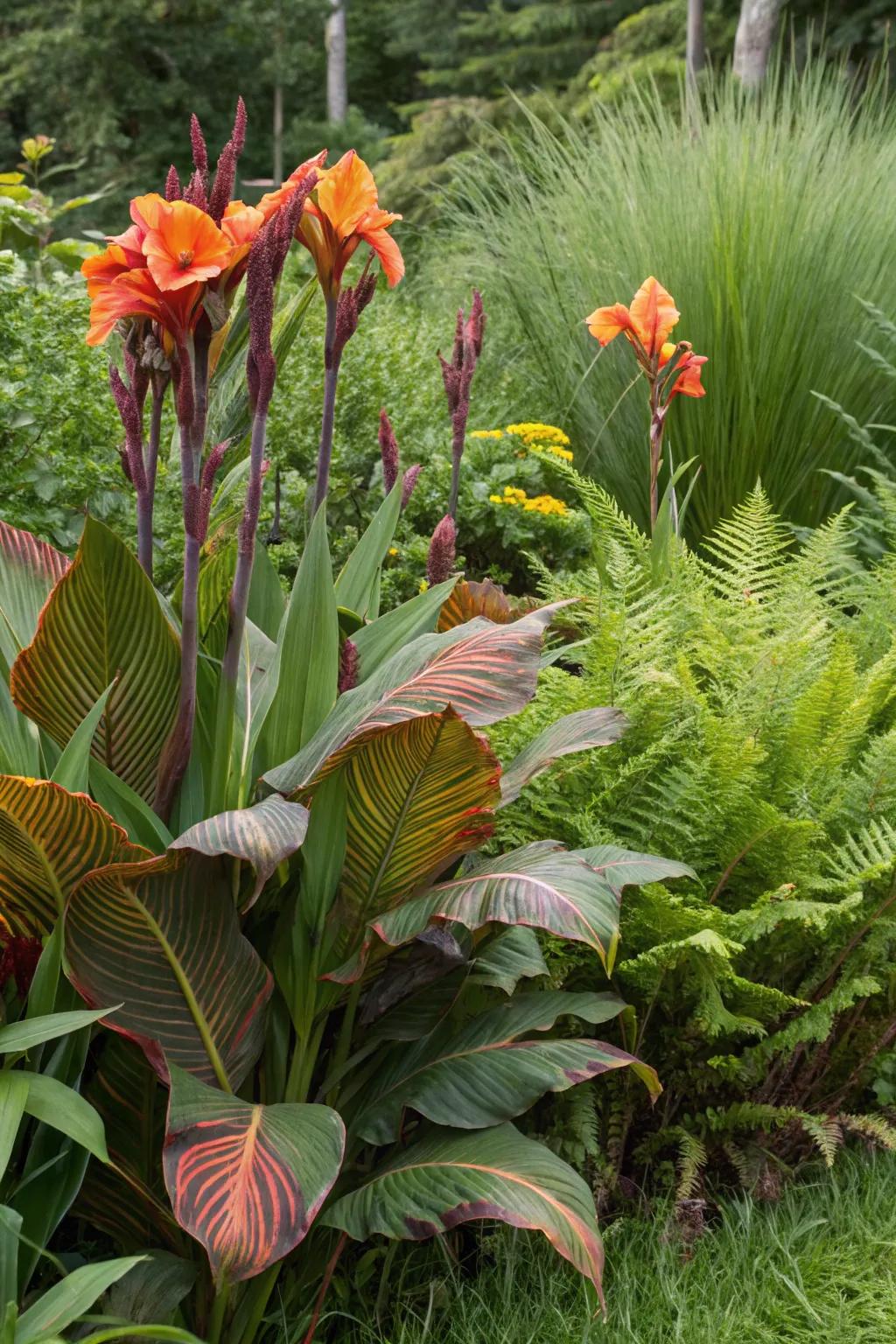 Ginger blossoms paired with grasses and ferns for a focus on rich foliage.