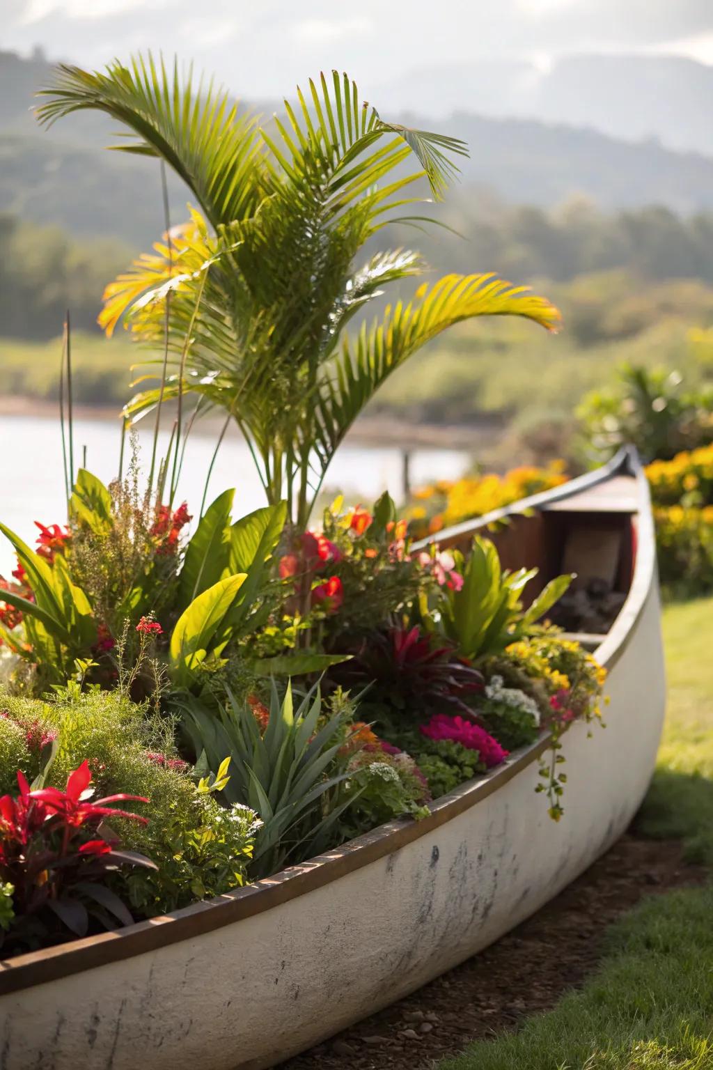 A tropical-themed watercraft planter adds an exotic touch to your garden.