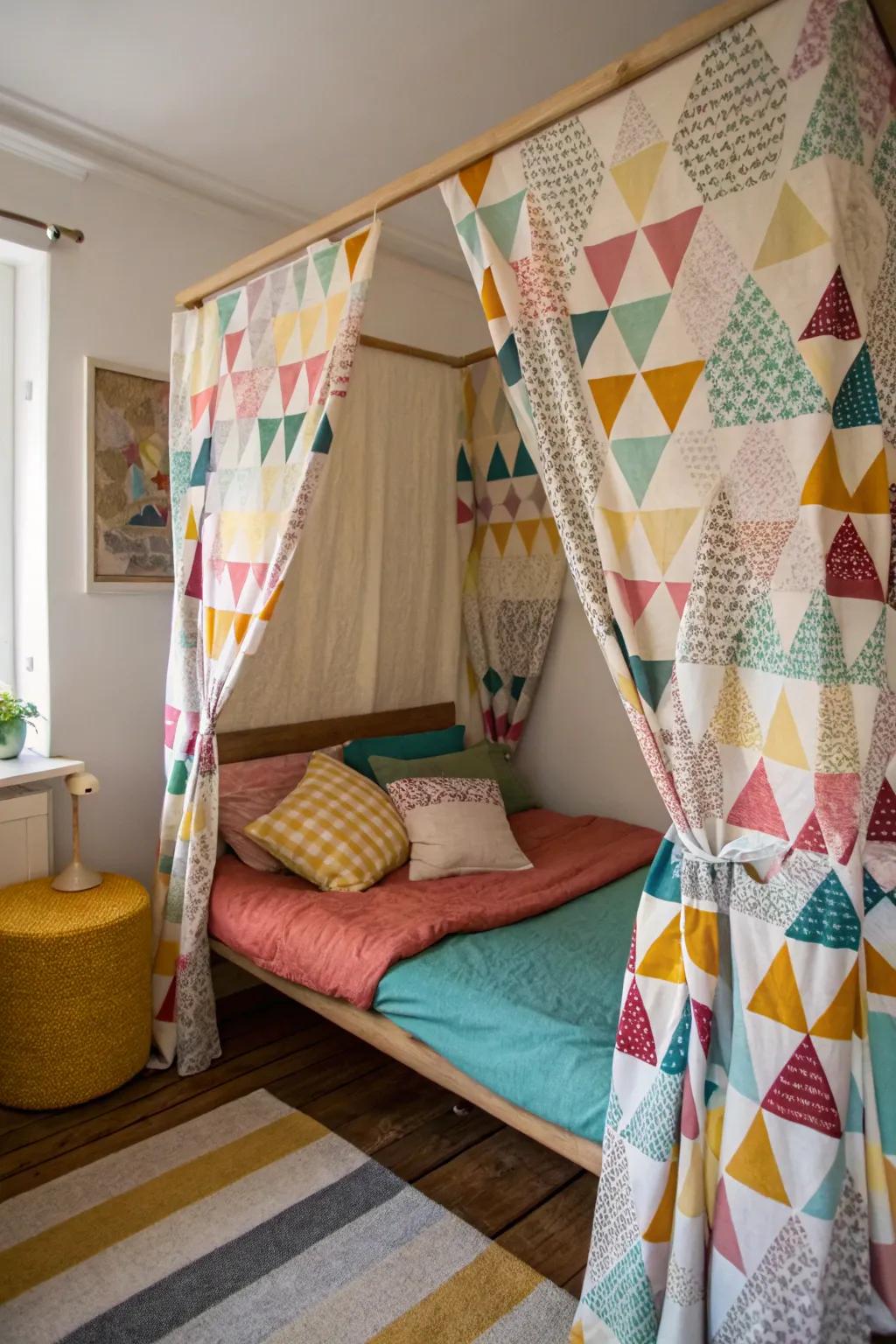Geometric designs add depth to a four-poster bed design.