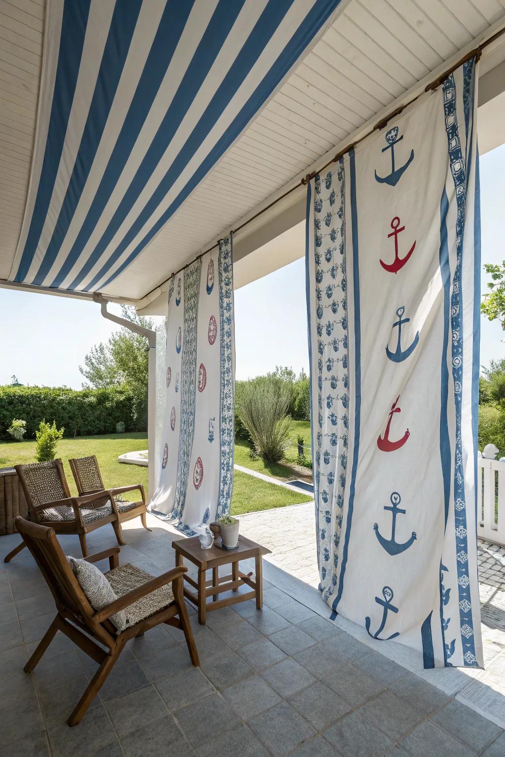 Nautical-themed fabric covers evoke a seaside escape.