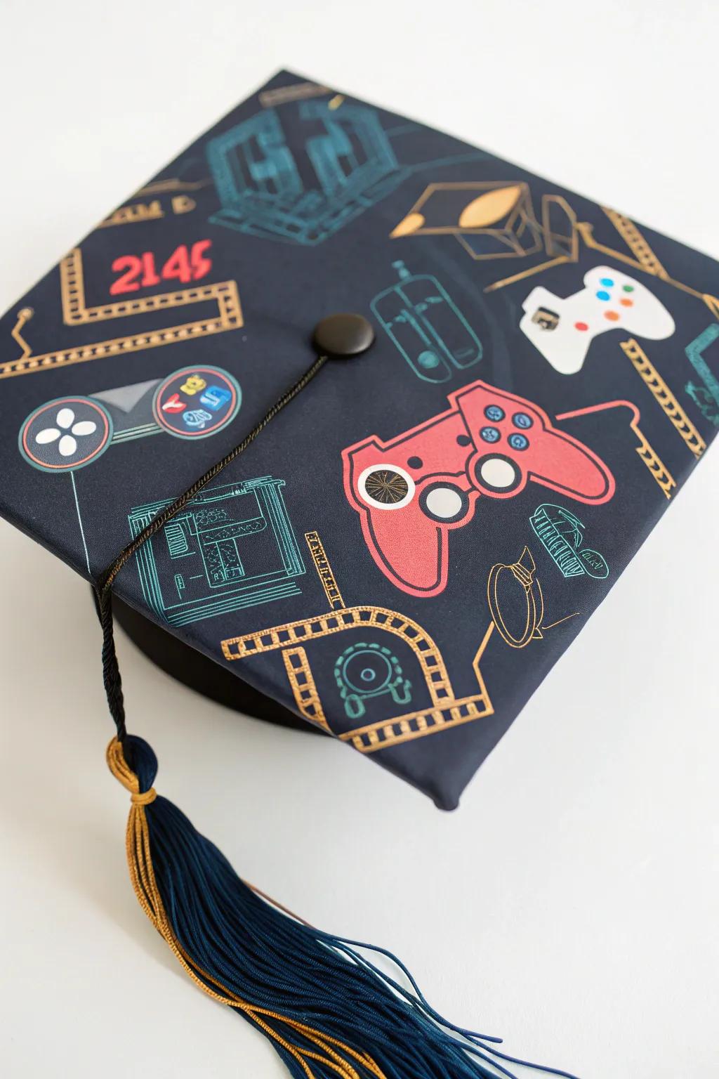 A graduation cap with tech and gaming themes for the modern geek.