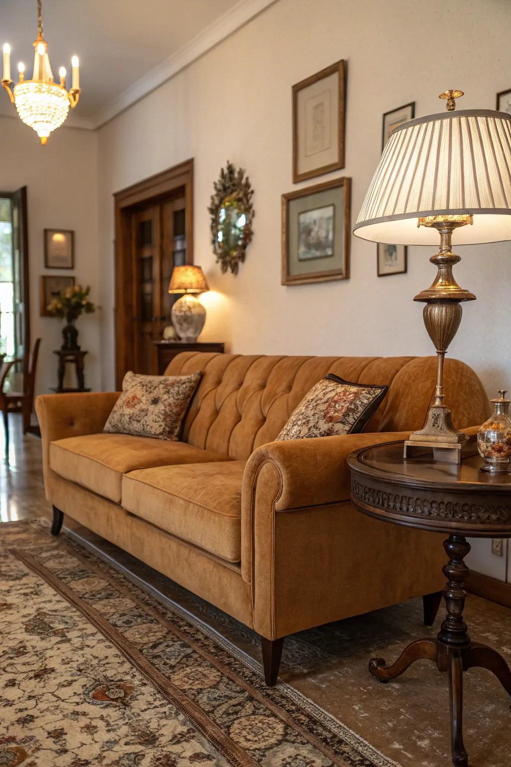 Vintage details add character to a butterscotch sofa space.