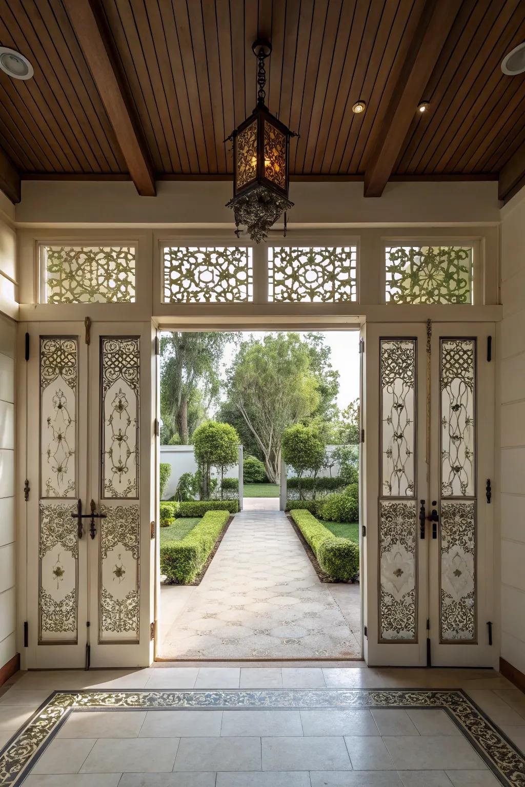 A carport featuring symmetrical door designs, creating a balanced and harmonious appearance.