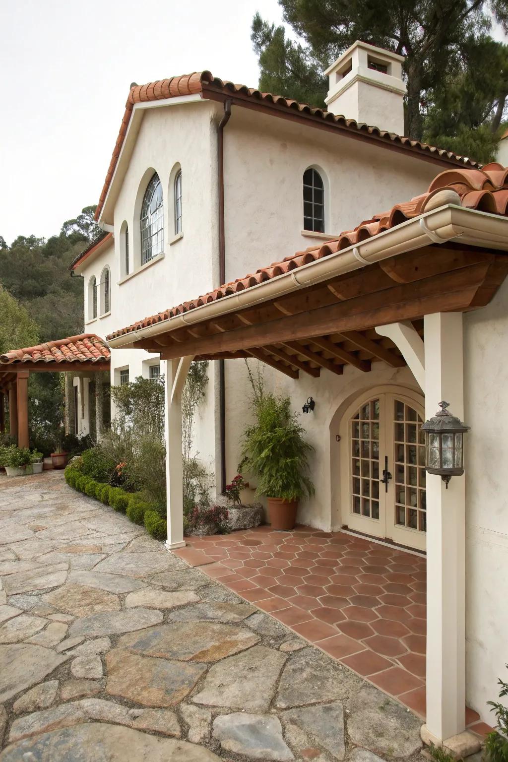 Coastal Mediterranean charm with terracotta and stucco.