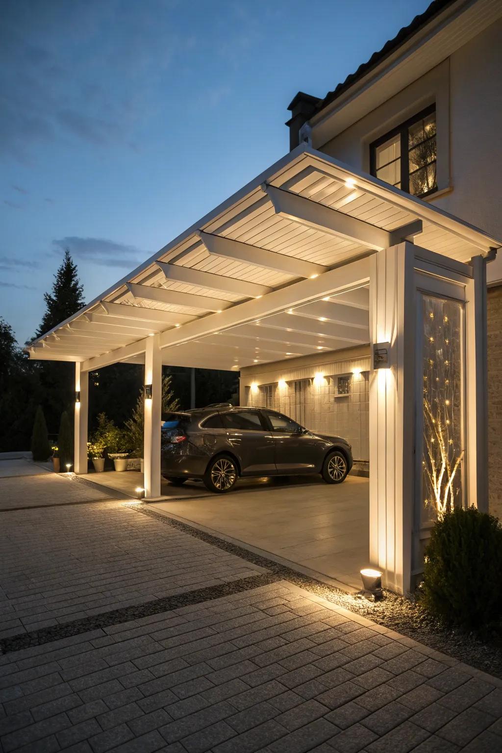 Upward-shining lights enrich your carport with subtle class.