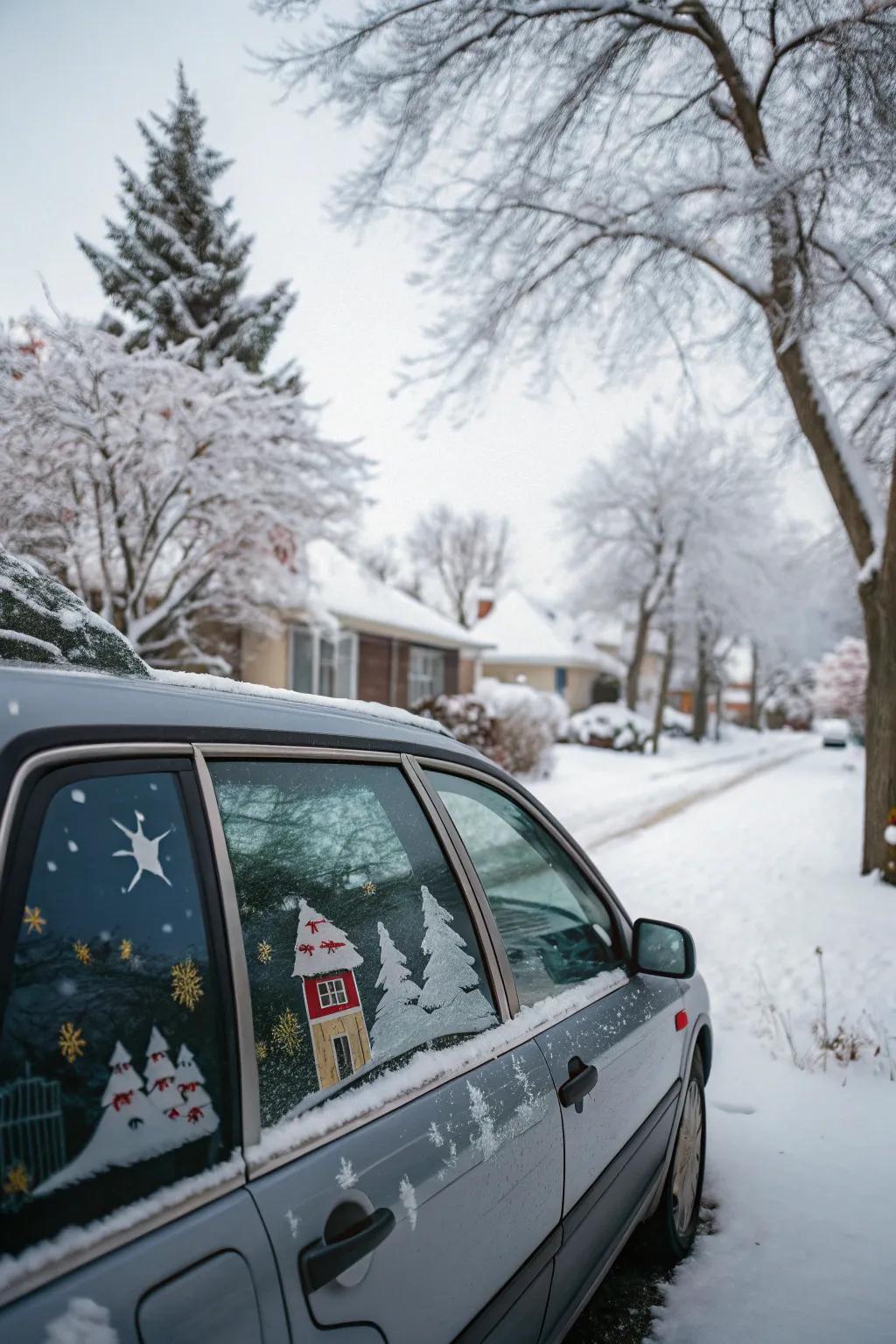A car window transformed into a winter wonderland featuring festive decals.
